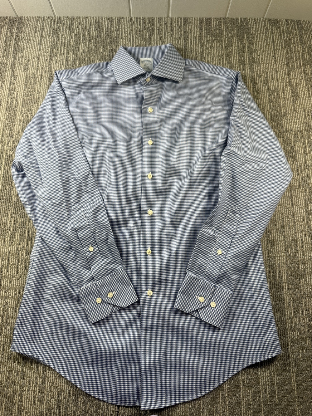 Brooks Brothers Dress Shirt Mens 15.5 Blue Houndstooth Regent Non Iron LS